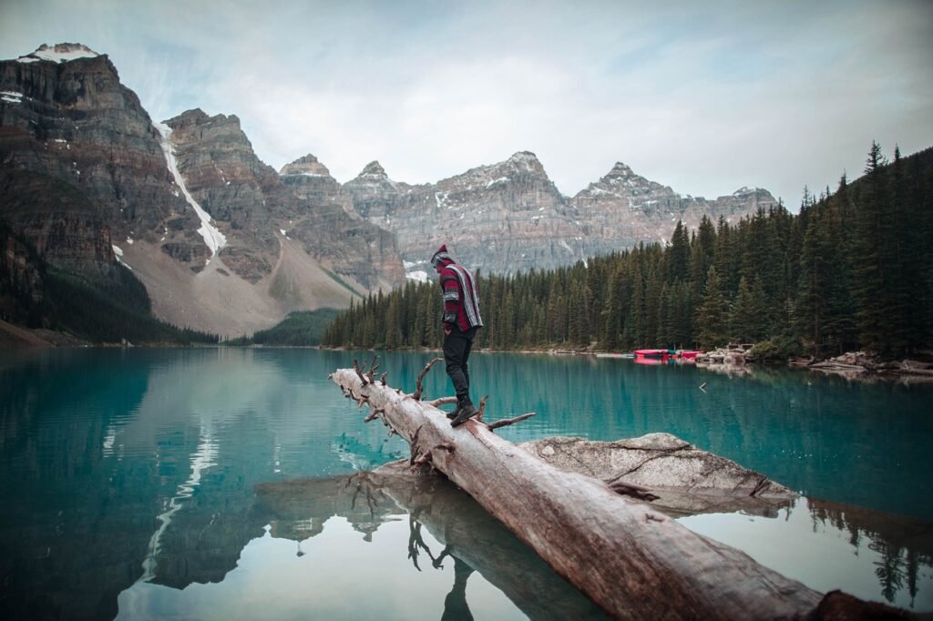 lake, mountains, reflection, man, moraine lake, water, mountain range, woods, forest, trees, nature, scenery, scenic, landscape, outdoors, banff, lake, lake, moraine lake, moraine lake, banff, banff, banff, banff, banff